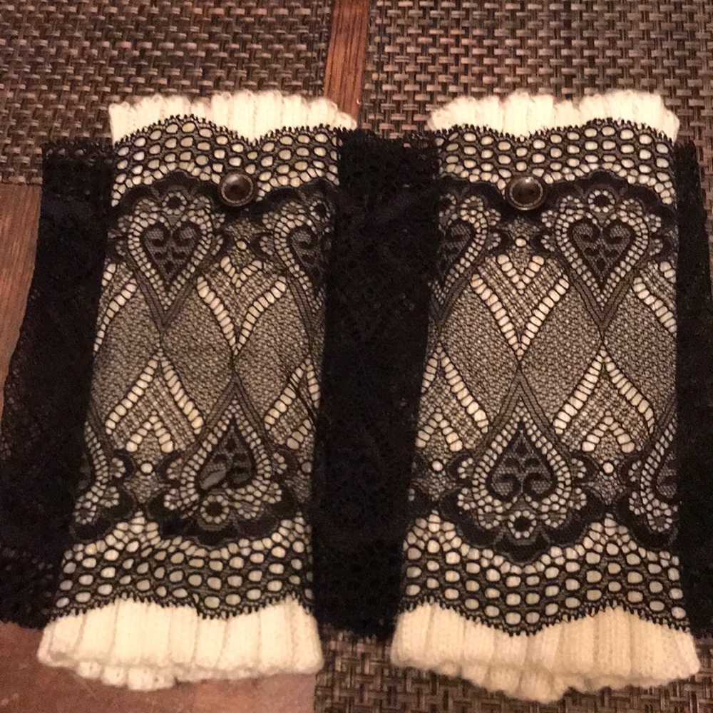 Black and white lace leg warmers